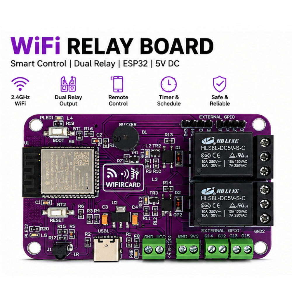 WiFIRCard – ESP32-S3 Smart Wi-Fi + IR Dual Relay Automation Board (10A, Bluetooth 5, MicroSD, USB-C)