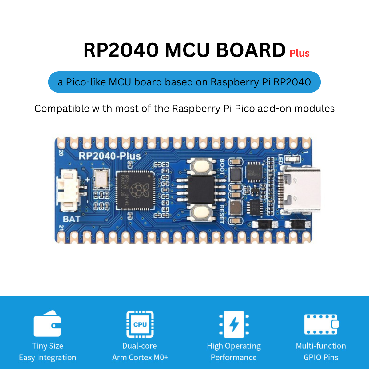 RP2040-Plus, a Pico-like MCU Board Based on Raspberry Pi MCU RP2040, Plus ver.
