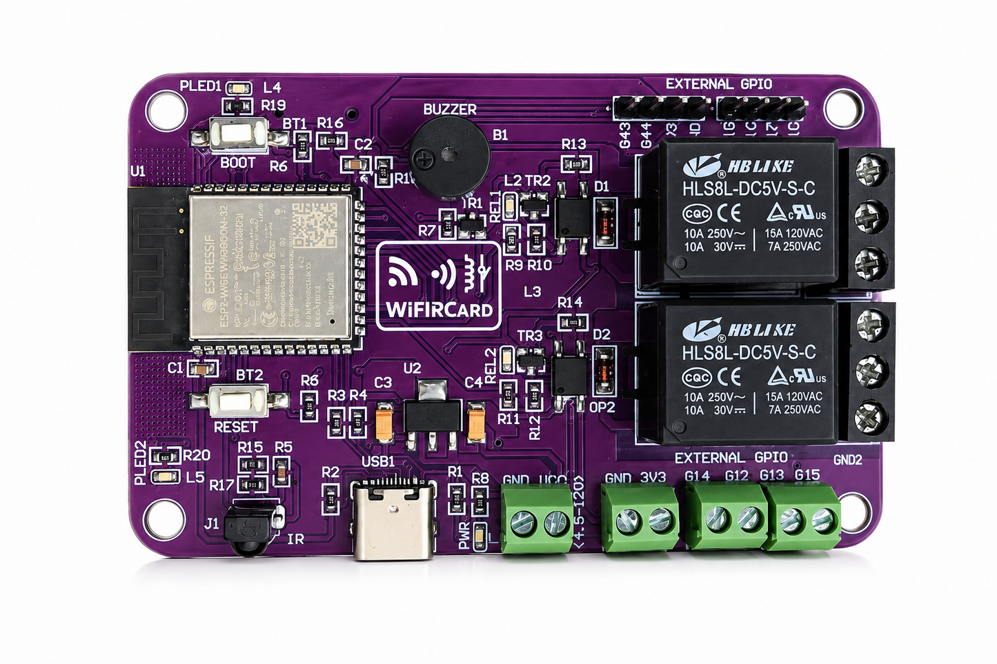 WiFIRCard – ESP32-S3 Smart Wi-Fi + IR Dual Relay Automation Board (10A, Bluetooth 5, MicroSD, USB-C)