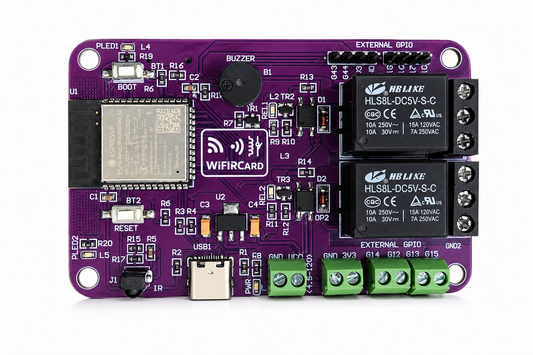 WiFIRCard – ESP32-S3 Smart Wi-Fi + IR Dual Relay Automation Board (10A, Bluetooth 5, MicroSD, USB-C)